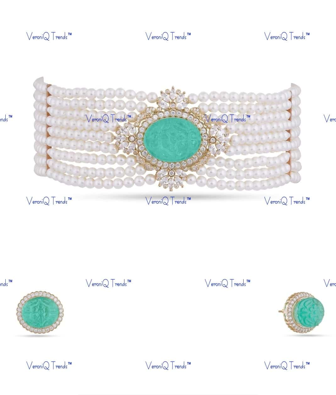 VeroniQ Trends-Contemporary Design Multi-Line Emerald Green Carved Stone AD Choker Necklace American Diamond-Gold Plated-Wedding Jewellery-Punjabi Jewellery-South Indian-Thappa Jewellery