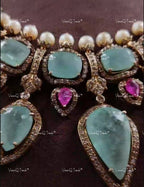 VeroniQ Trends-Contemporary Designer Turquoise And Ruby Silver Necklace Silver CZ-Gold Plated-Wedding Jewelry-Punjabi Jewelry-South Indian-Thappa Jewelry