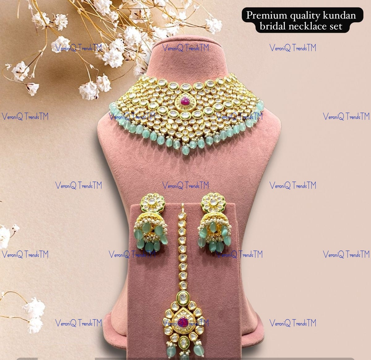 VeroniQ Trends-Traditional Bridal Heavy And Premium Quality Kundan Choker Necklace with Turquoise Blue Beads Kundan-Gold Plated-Wedding Jewellery-Punjabi Jewellery-South Indian-Thappa Jewellery