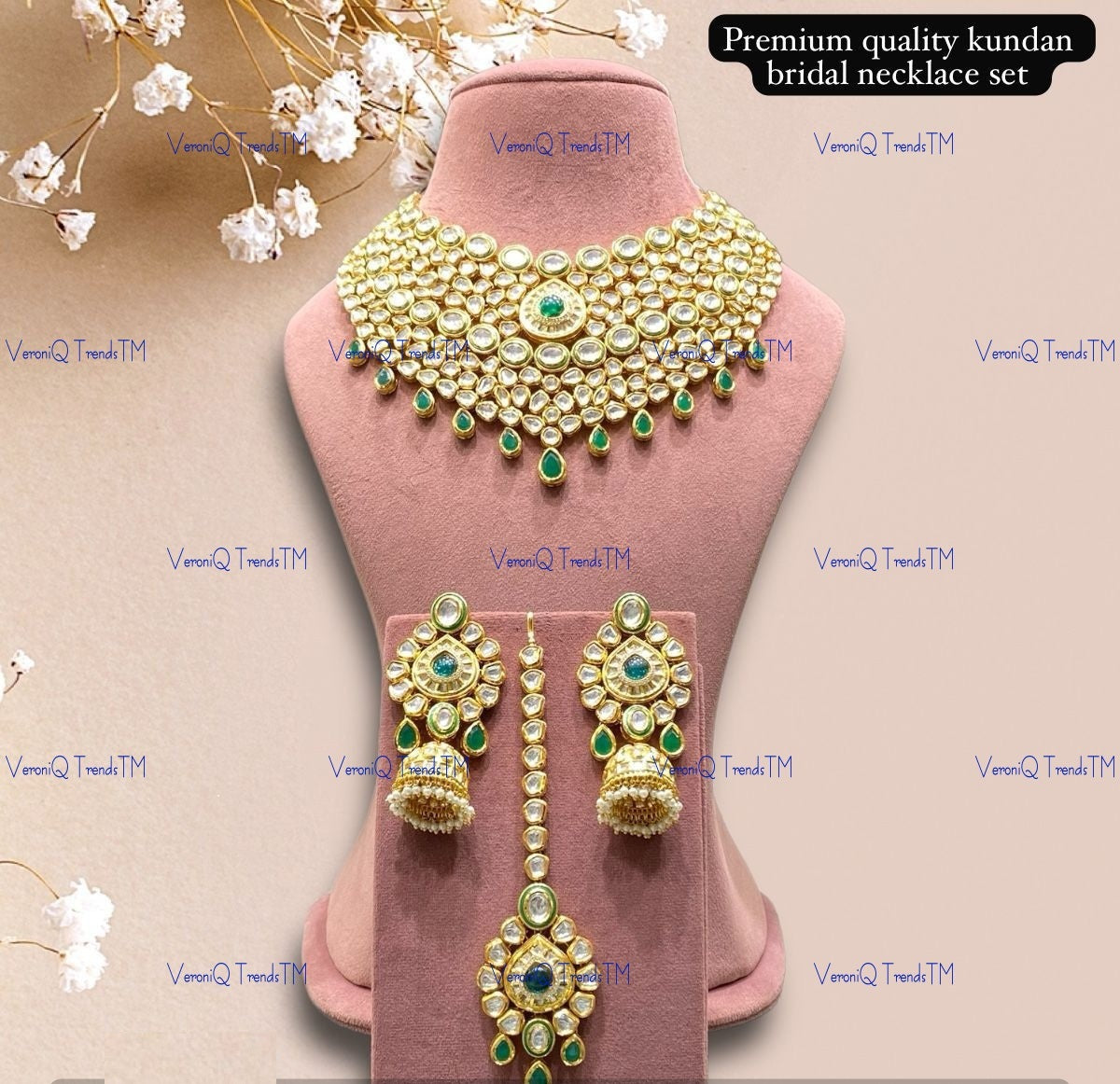 VeroniQ Trends-Traditional Bridal Heavy Quality Kundan And Green Stone Choker Necklace Kundan-Gold Plated-Wedding Jewellery-Punjabi Jewellery-South Indian-Thappa Jewellery