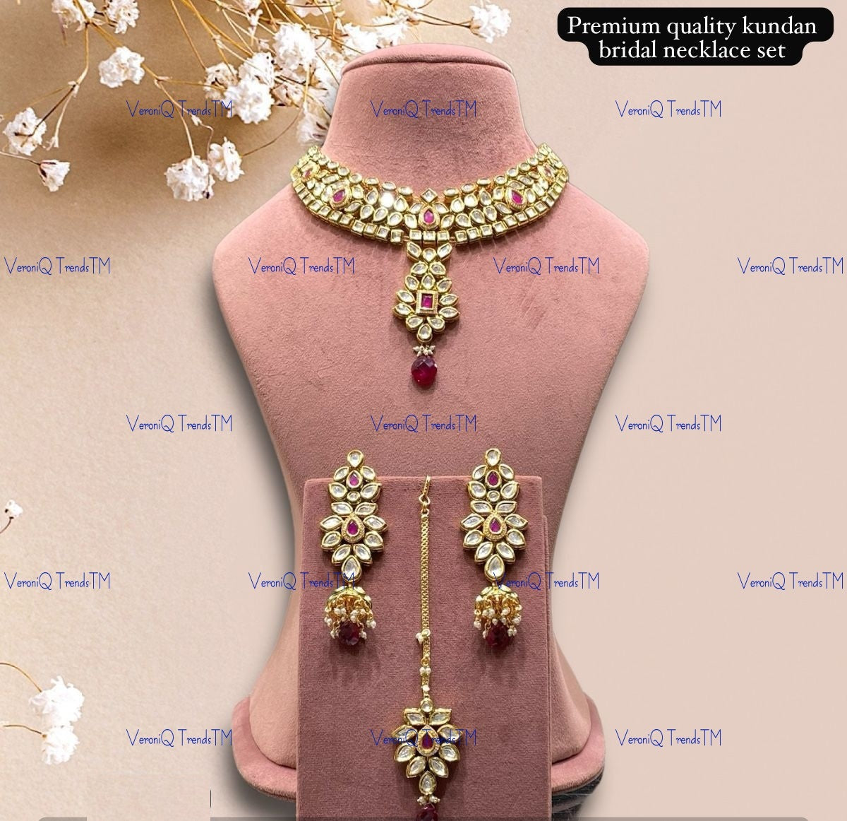VeroniQ Trends-Beautiful Bridal Heavy Quality Kundan Choker Necklace With Red Beads Kundan-Gold Plated-Wedding Jewellery-Punjabi Jewellery-South Indian-Thappa Jewellery