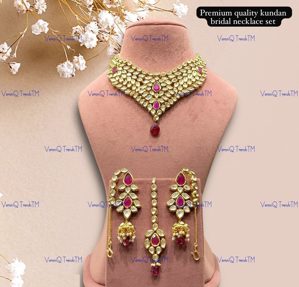 VeroniQ Trends-Traditional Gold Plated Premium Quality Kundan And Ruby Pink Stone Choker Necklace With Red Beads Kundan-Gold Plated-Wedding Jewellery-Punjabi Jewellery-South Indian-Thappa Jewellery
