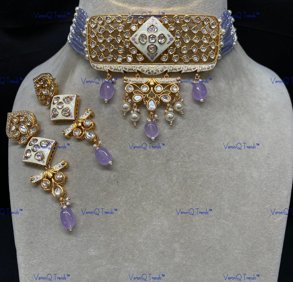 VeroniQ Trends-Traditional Multistrand Gold Plated Meenakari Kundan Polki Choker Necklace Kundan-Gold Plated-Wedding Jewellery-Punjabi Jewellery-South Indian-Thappa Jewellery