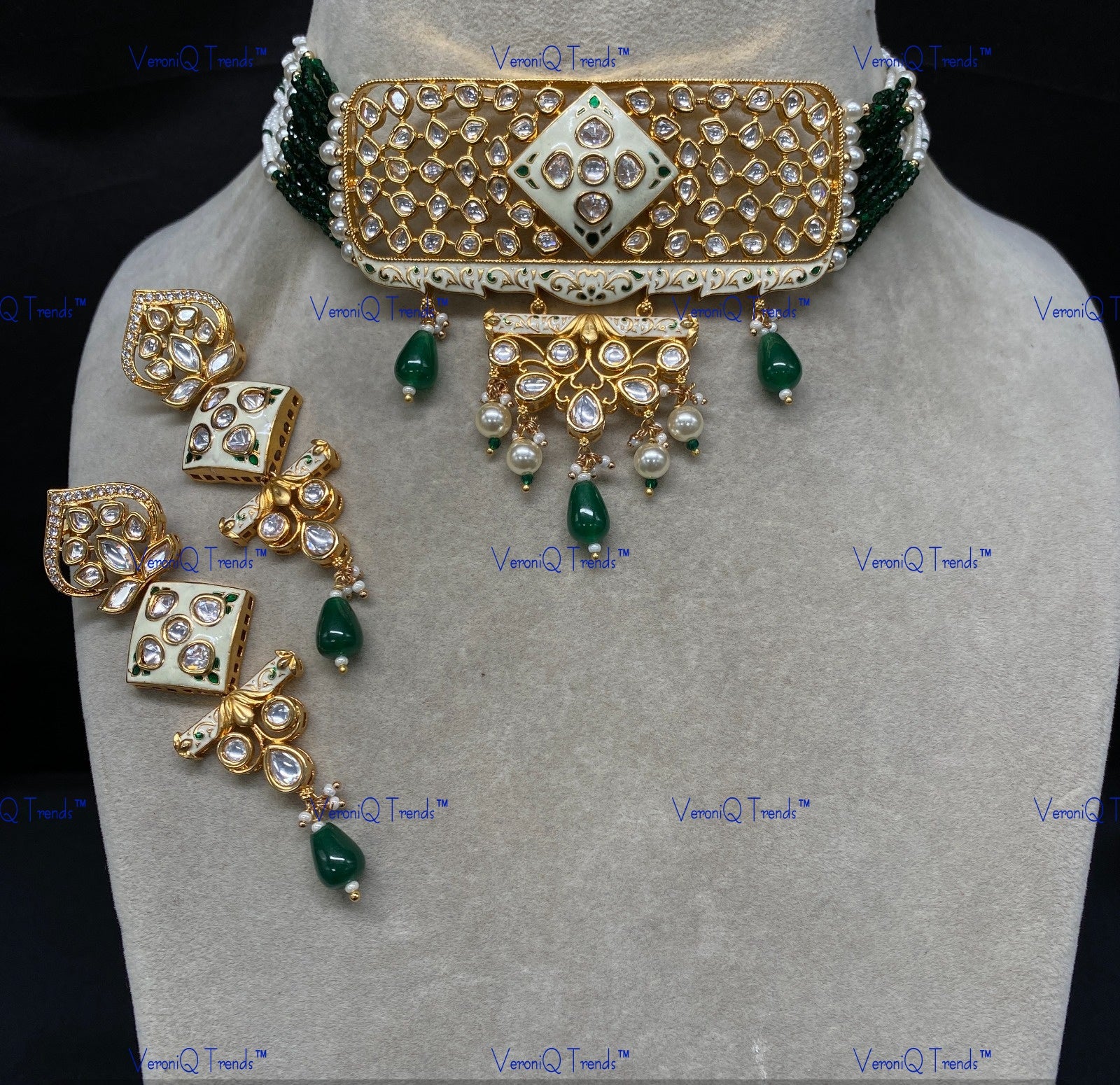 VeroniQ Trends-Traditional Multistrand Gold Plated Meenakari Kundan Polki Choker Necklace Kundan-Gold Plated-Wedding Jewellery-Punjabi Jewellery-South Indian-Thappa Jewellery
