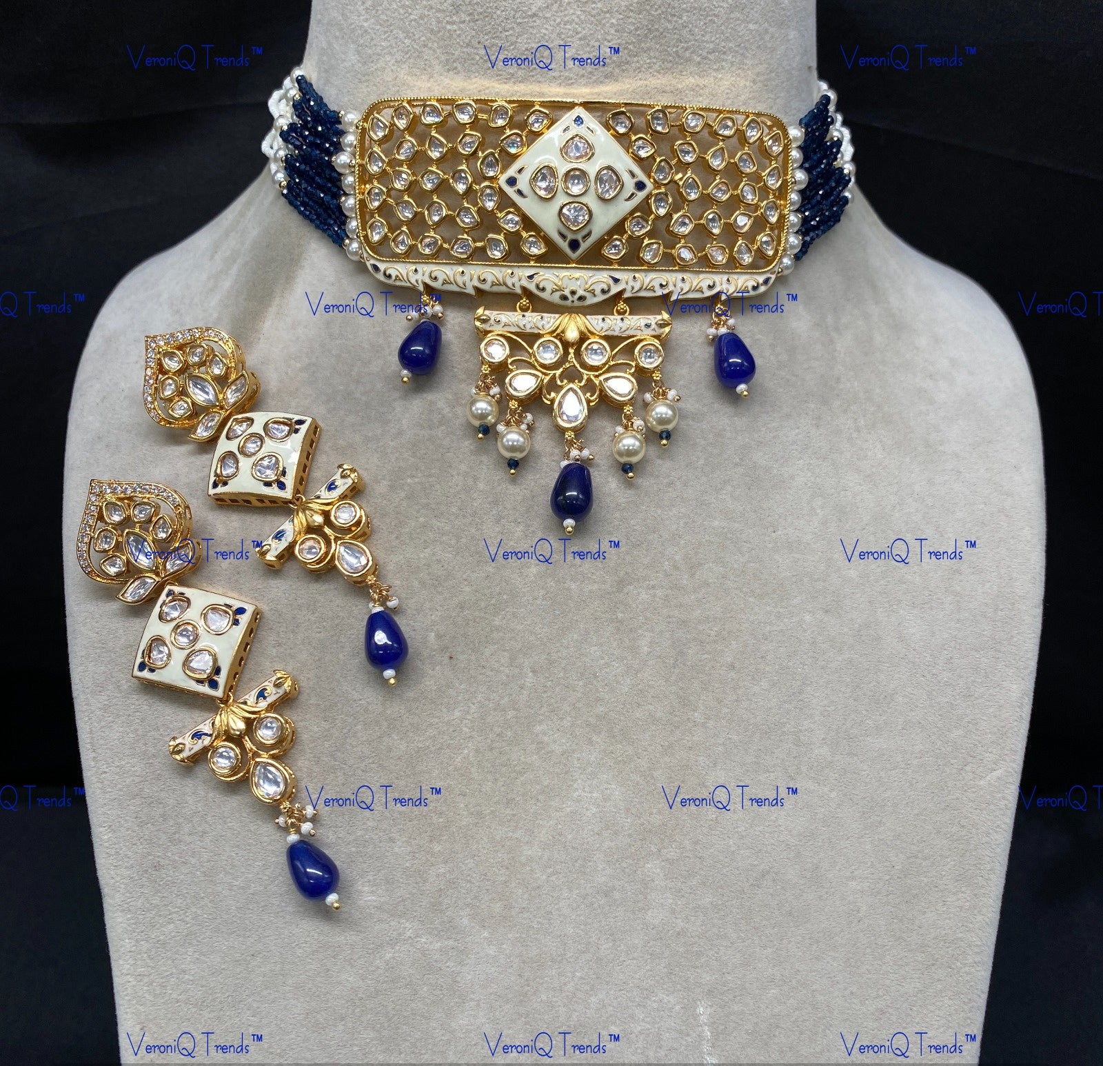 VeroniQ Trends-Traditional Multistrand Gold Plated Meenakari Kundan Polki Choker Necklace Kundan-Gold Plated-Wedding Jewellery-Punjabi Jewellery-South Indian-Thappa Jewellery