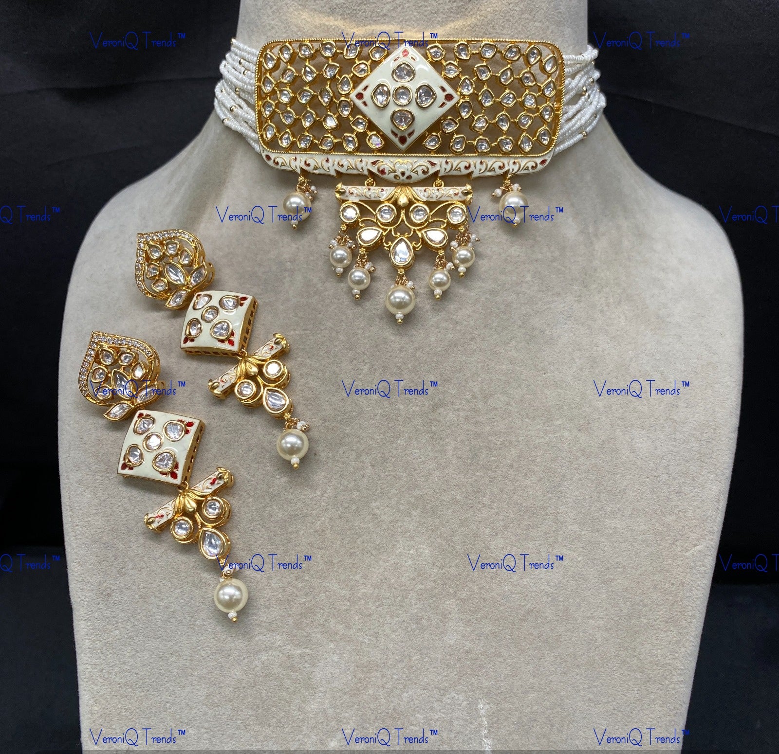 VeroniQ Trends-Traditional Multistrand Gold Plated Meenakari Kundan Polki Choker Necklace Kundan-Gold Plated-Wedding Jewellery-Punjabi Jewellery-South Indian-Thappa Jewellery
