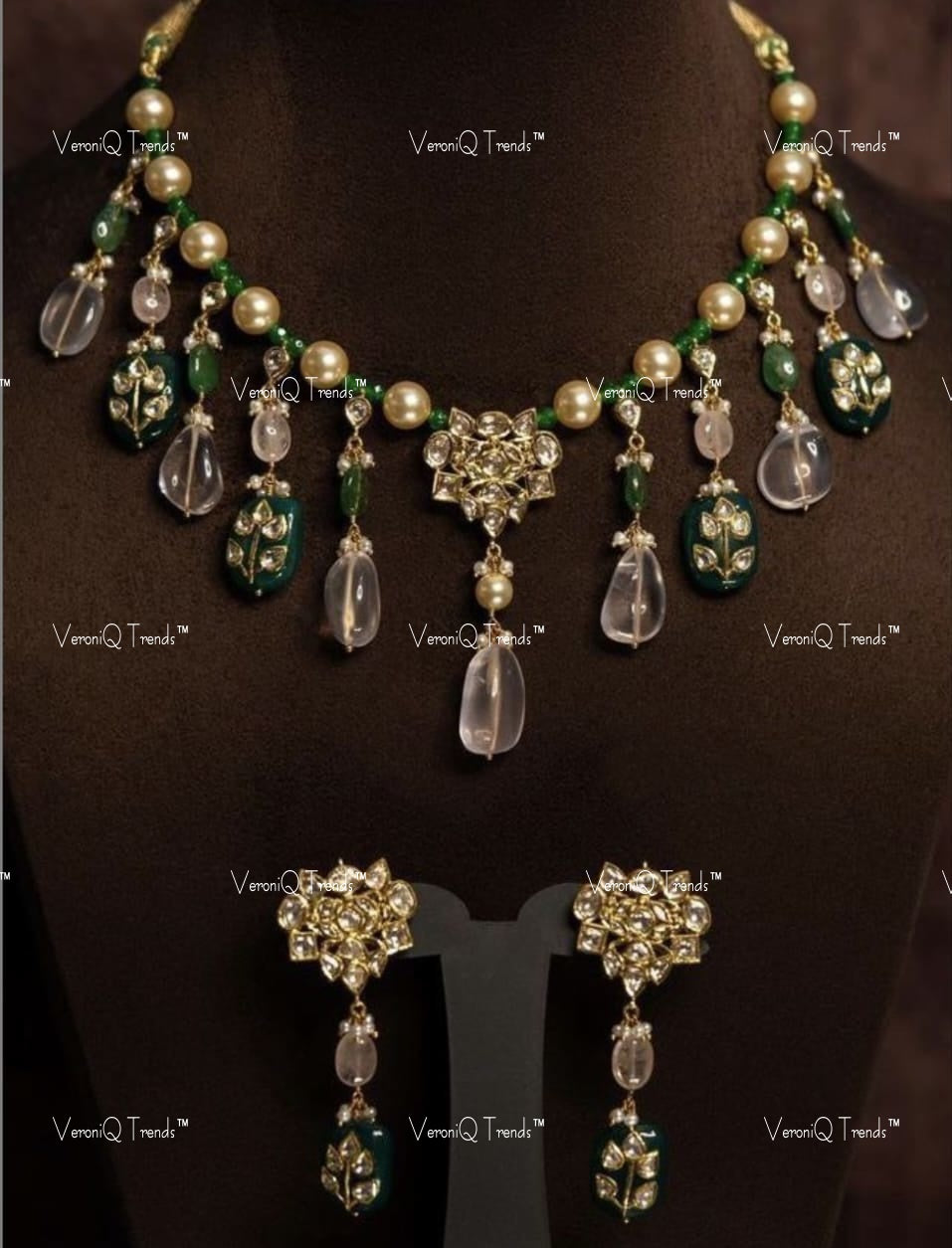 VeroniQ Trends-Elegant Gold Plated Pearl And Pachi Kundan Necklace With Pink Beads Drop Pachi Kundan-Gold Plated-Wedding Jewellery-Punjabi Jewellery-South Indian-Thappa Jewellery