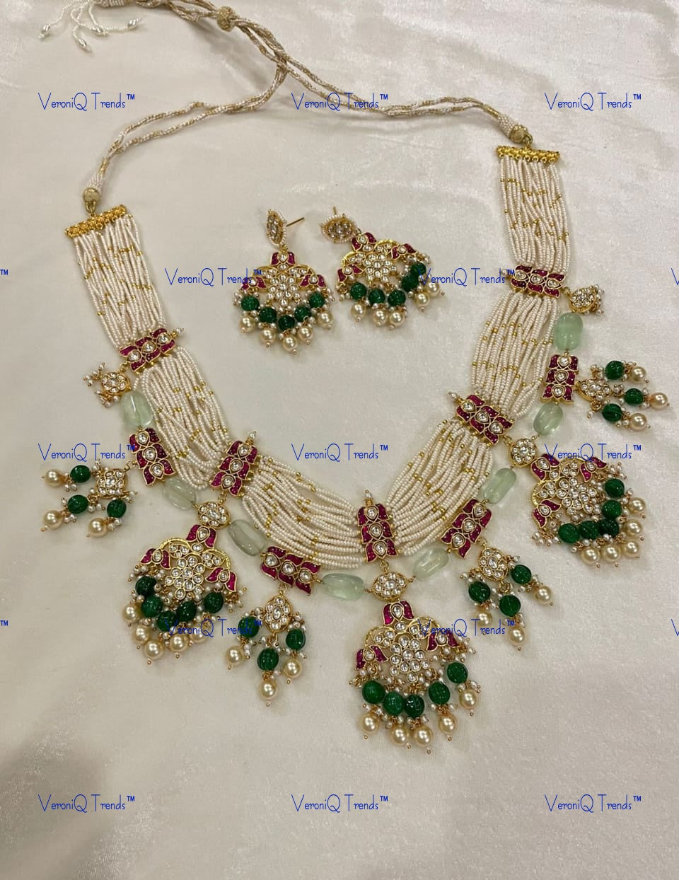 VeroniQ Trends-Traditional Gold Multistrand Kemp Stone Pachi Kundan Necklace Pachi Kundan-Gold Plated-Wedding Jewellery-Punjabi Jewellery-South Indian-Thappa Jewellery