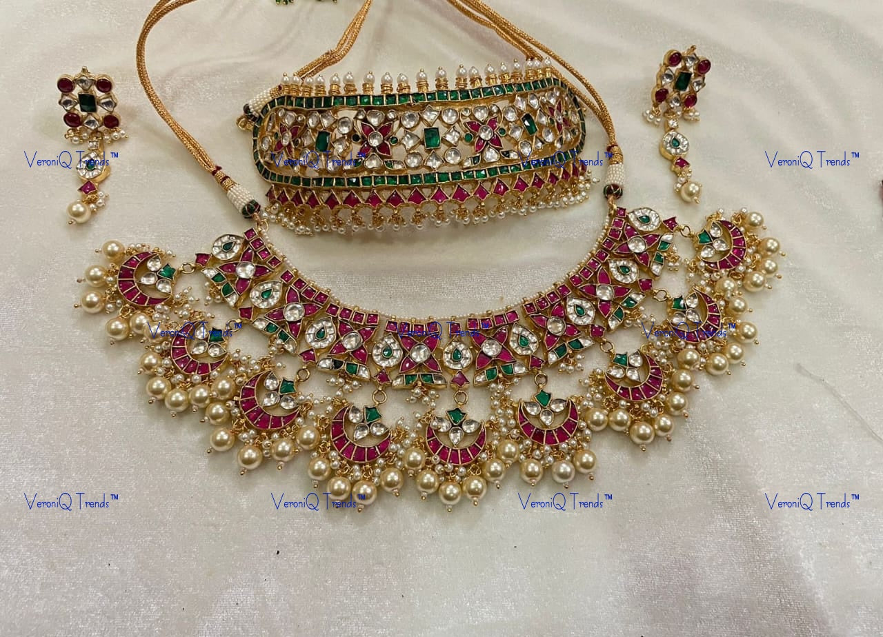 VeroniQ Trends-Traditional Rajwadi Style Gold Plated Kemp Stone Pachi Kundan Choker and Long Necklace Pachi Kundan-Gold Plated-Wedding Jewellery-Punjabi Jewellery-South Indian-Thappa Jewellery