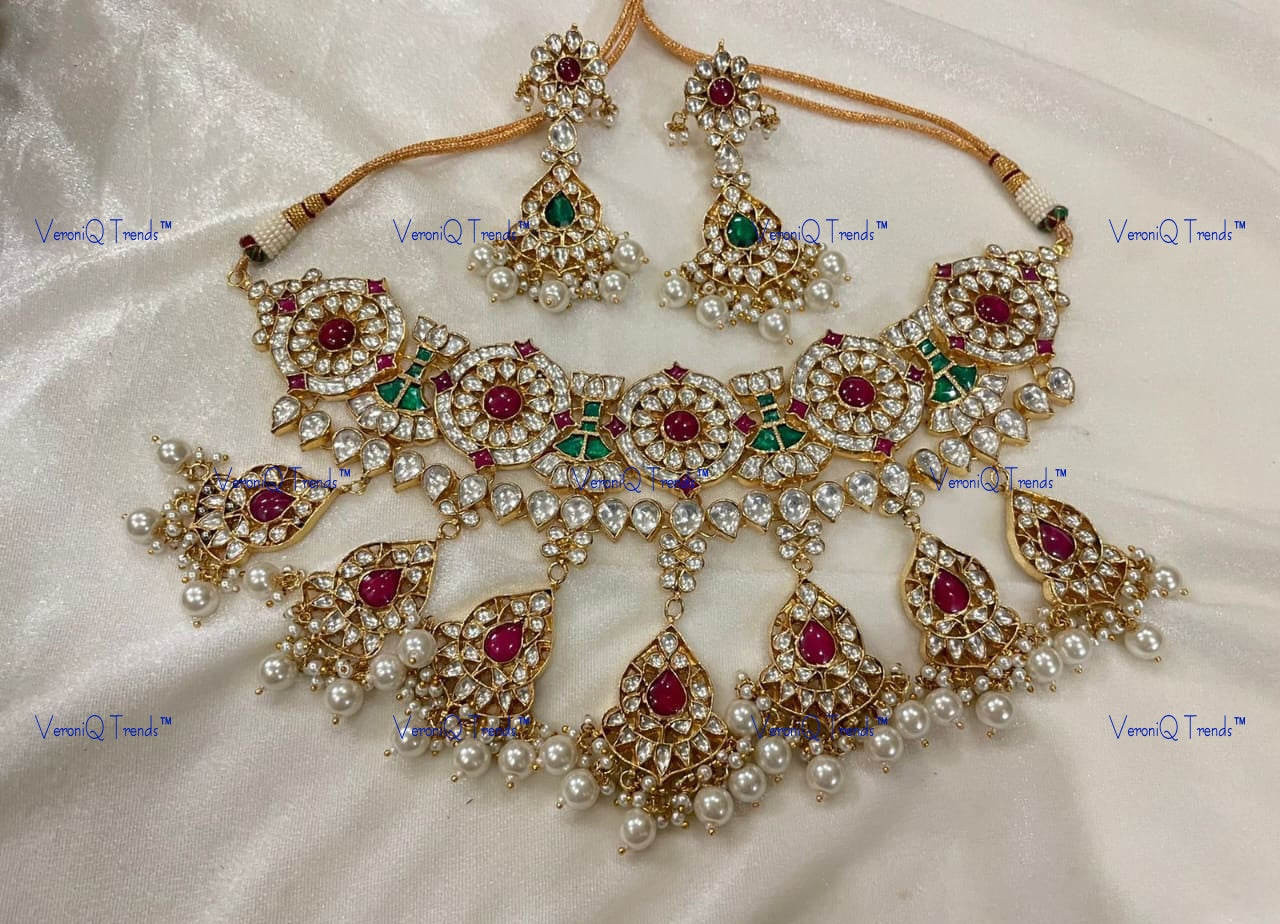 VeroniQ Trends-Rajwadi Style Gold Plated Kemp Stone Pachi Kundan Choker Necklace Pachi Kundan-Gold Plated-Wedding Jewellery-Punjabi Jewellery-South Indian-Thappa Jewellery