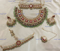 VeroniQ Trends-Bridal Rajwadi Style Gold Plated Kemp Stone Pachi Kundan Necklace With Maang Tika Nath And Earrings Pachi Kundan-Gold Plated-Wedding Jewellery-Punjabi Jewellery-South Indian-Thappa Jewellery