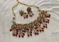 VeroniQ Trends-Traditional Bridal Gold Plated Kemp Stone Pachi Kundan Choker Necklace With Red Beads Drops Pachi Kundan-Gold Plated-Wedding Jewellery-Punjabi Jewellery-South Indian-Thappa Jewellery