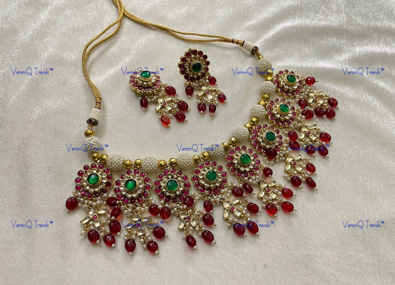 VeroniQ Trends-Traditional Bridal Gold Plated Kemp Stone Pachi Kundan Choker Necklace With Red Beads Drops Pachi Kundan-Gold Plated-Wedding Jewellery-Punjabi Jewellery-South Indian-Thappa Jewellery