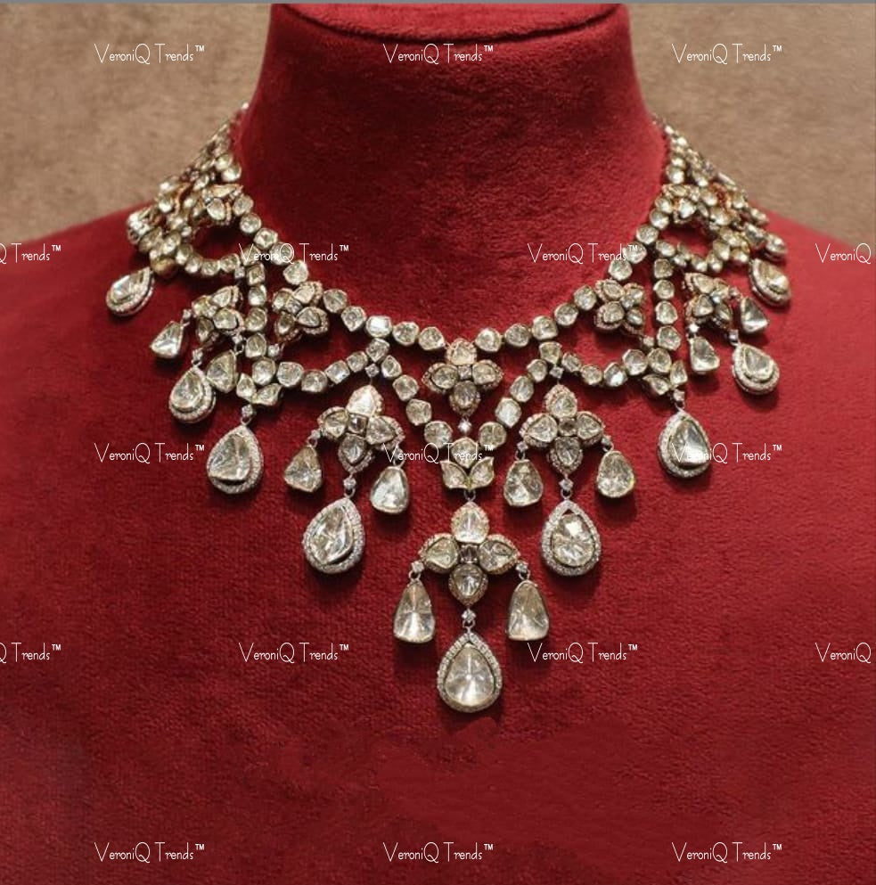 VeroniQ Trends-Traditional Victorian Diamond Look Polki Choker Silver Necklace 92.5 Silver Moissanite Diamond Polki-Gold Plated-Wedding Jewellery-Punjabi Jewellery-South Indian-Thappa Jewellery