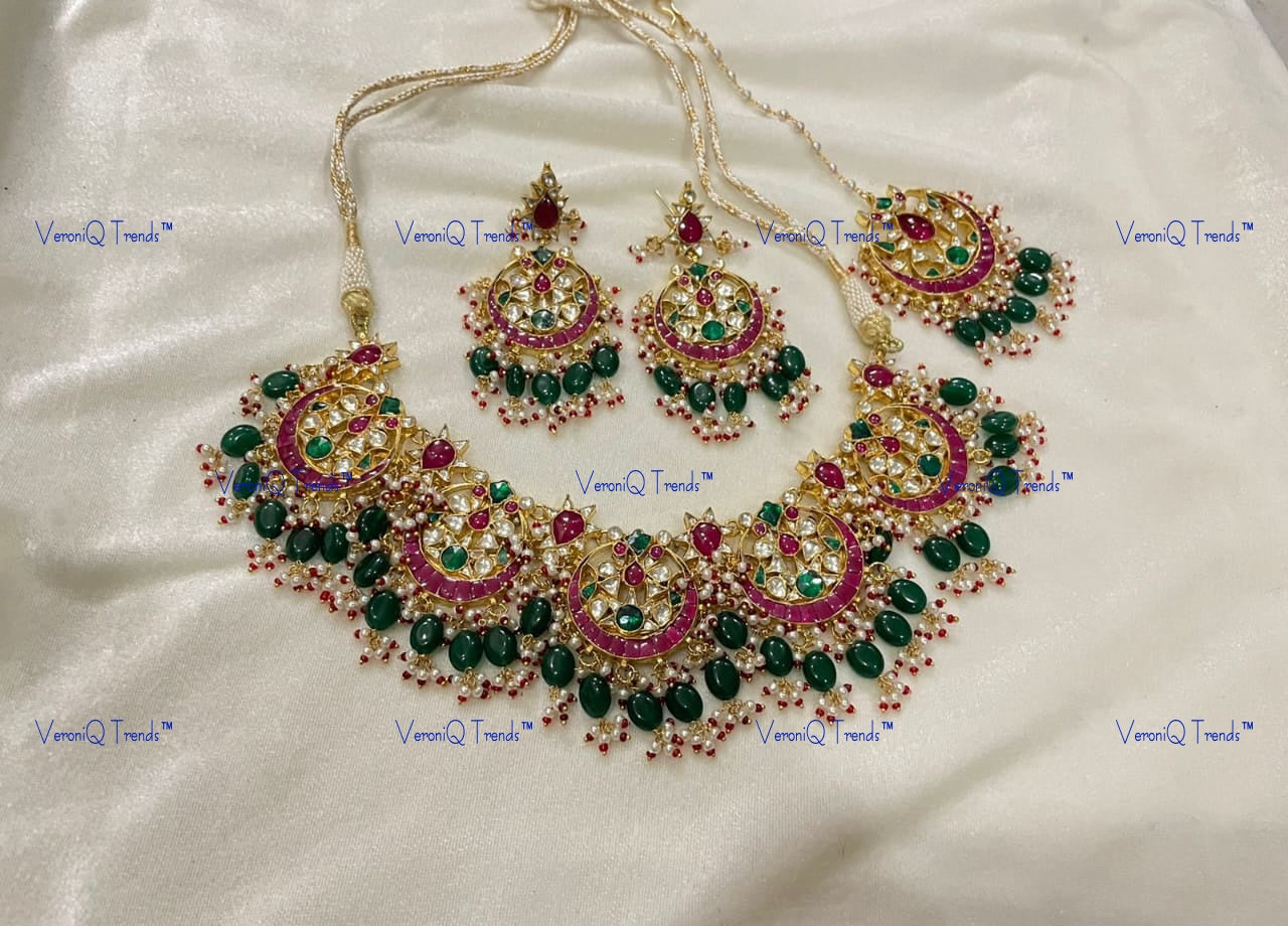 VeroniQ Trends-Traditional Bridal Gold Plated Chandbali Kemp Stone Polki Choker Necklace Polki-Gold Plated-Wedding Jewellery-Punjabi Jewellery-South Indian-Thappa Jewellery