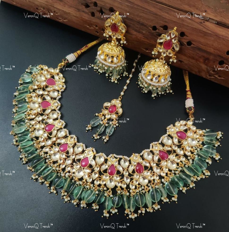 VeroniQ Trends-Bridal Gold Plated Kemp Stone Pachi Kundan Choker Necklace Pachi Kundan-Gold Plated-Wedding Jewellery-Punjabi Jewellery-South Indian-Thappa Jewellery
