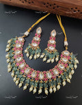 VeroniQ Trends-Elegant Gold Plated Kemp Stone Pachi Kundan Choker Necklace With Pearl Drops Pachi Kundan-Gold Plated-Wedding Jewellery-Punjabi Jewellery-South Indian-Thappa Jewellery