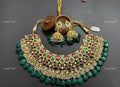VeroniQ Trends-Traditional Green Quartz Beads Gold Plated Kemp Stone Pachi Kundan Choker Necklace With Jhumki Earrings Pachi Kundan-Gold Plated-Wedding Jewellery-Punjabi Jewellery-South Indian-Thappa Jewellery