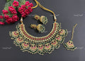 VeroniQ Trends-Royal Bridal Gold Plated Kemp Stone Pachi Kundan Choker Necklace With Earrings And Maang Tika Pachi Kundan-Gold Plated-Wedding Jewellery-Punjabi Jewellery-South Indian-Thappa Jewellery