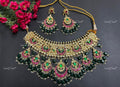 VeroniQ Trends-Traditional Bridal Gold Plated Kemp Stone Heavy Pachi Kundan Choker Necklace With Green Beads And Chandbali Drops Pachi Kundan-Gold Plated-Wedding Jewellery-Punjabi Jewellery-South Indian-Thappa Jewellery