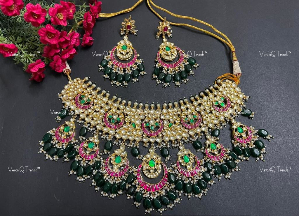 VeroniQ Trends-Traditional Bridal Gold Plated Kemp Stone Heavy Pachi Kundan Choker Necklace With Green Beads And Chandbali Drops Pachi Kundan-Gold Plated-Wedding Jewellery-Punjabi Jewellery-South Indian-Thappa Jewellery