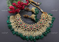 VeroniQ Trends-Traditional Heavy Bridal Gold Plated Kemp Stone Pachi Kundan Choker Necklace With Green Quartz Beads Pachi Kundan-Gold Plated-Wedding Jewellery-Punjabi Jewellery-South Indian-Thappa Jewellery