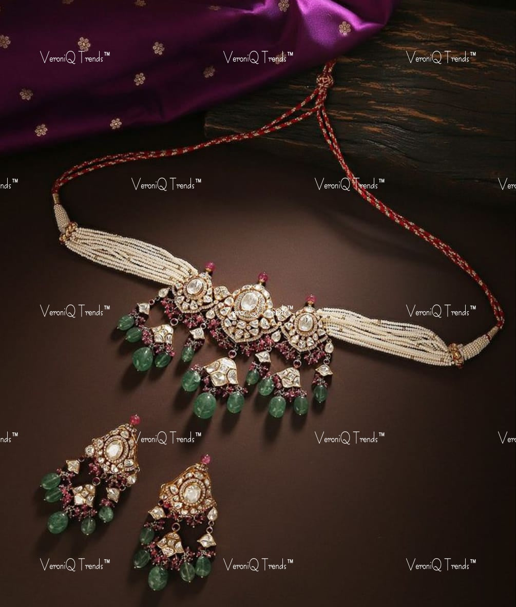 VeroniQ Trends-Traditional Victorian Multistrand Polki Choker Necklace With Green Quartz Beads 92.5 Silver Moissanite Diamond Polki-Gold Plated-Wedding Jewellery-Punjabi Jewellery-South Indian-Thappa Jewellery