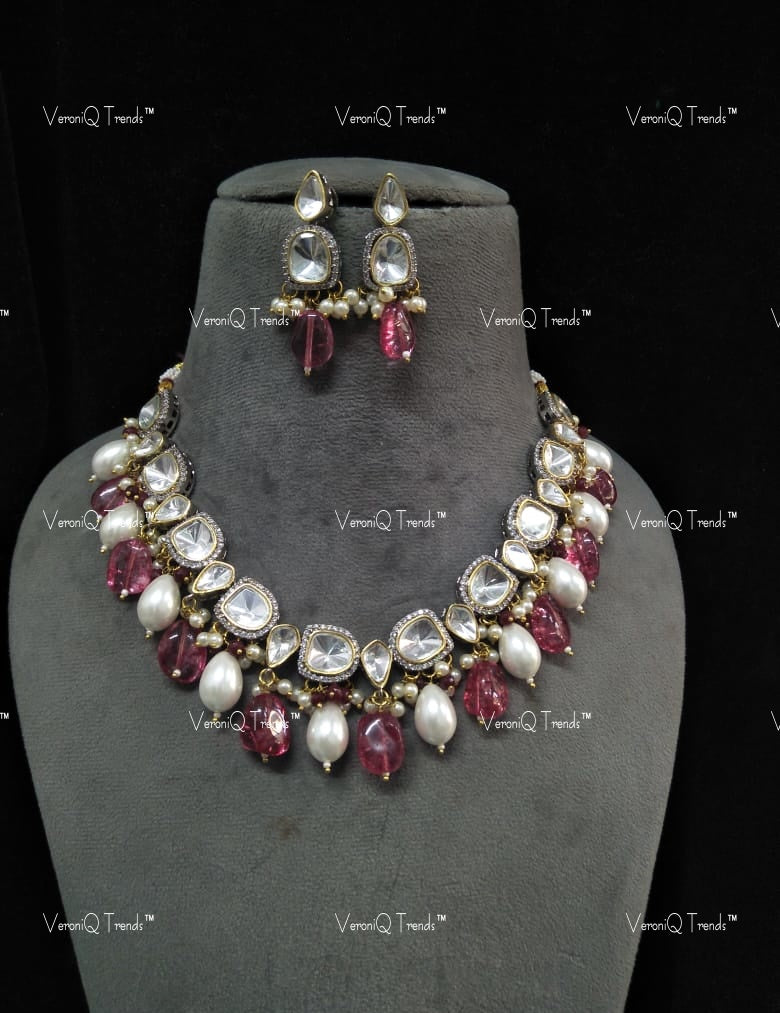 VeroniQ Trends-Elegant Gold Plated Polki Necklace With Beads Polki-Gold Plated-Wedding Jewellery-Punjabi Jewellery-South Indian-Thappa Jewellery