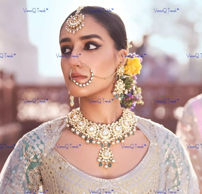 VeroniQ Trends-Beautiful Bridal Gold Plated Heavy Pachi Kundan Choker Necklace With Green Beads Pachi Kundan-Gold Plated-Wedding Jewellery-Punjabi Jewellery-South Indian-Thappa Jewellery