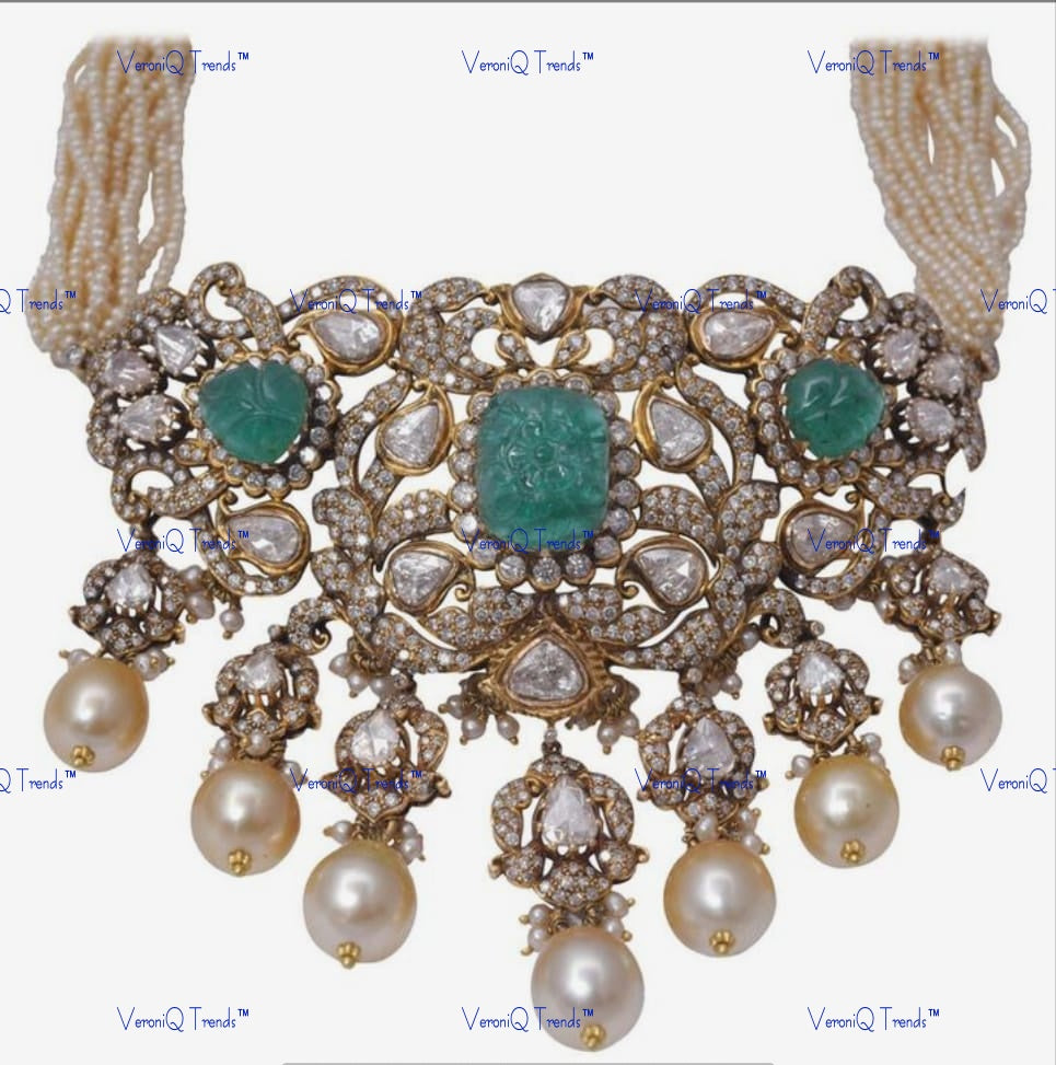 VeroniQ Trends-Traditional Victorian Multistrand Pearl And Polki Choker Necklace 92.5 Silver Moissanite Diamond Polki-Gold Plated-Wedding Jewellery-Punjabi Jewellery-South Indian-Thappa Jewellery