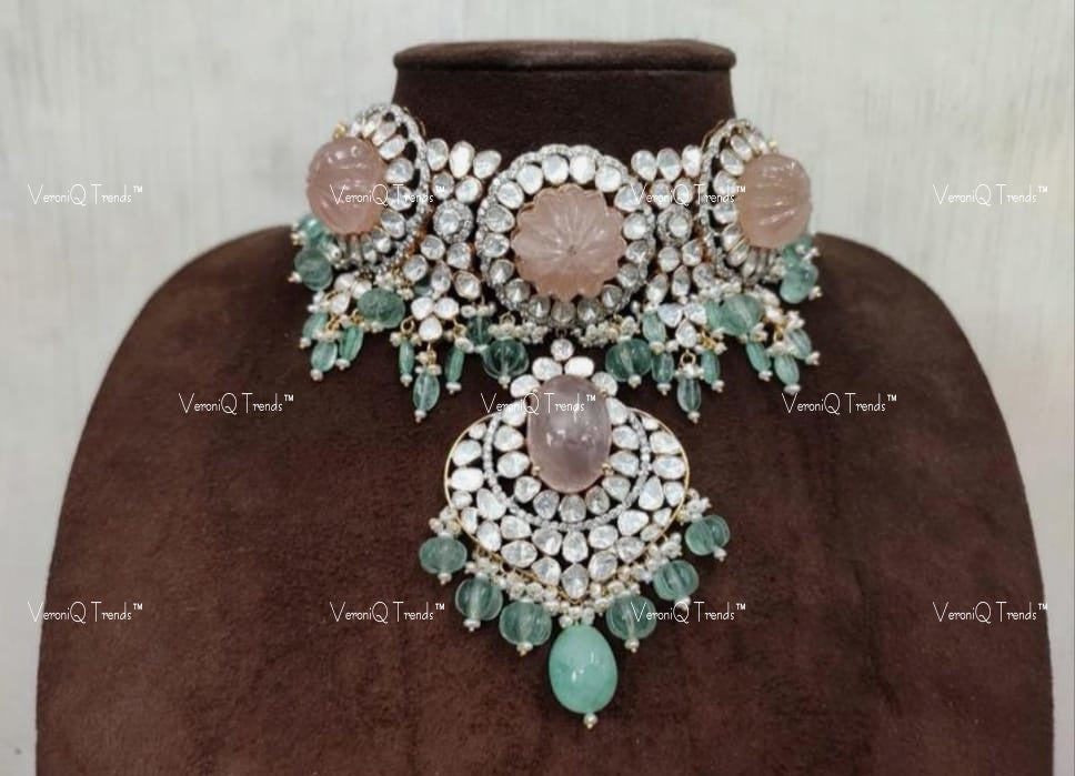 VeroniQ Trends-Traditional Victorian Polki Choker Necklace With Pumpkin Stone 92.5 Silver Moissanite Diamond Polki-Gold Plated-Wedding Jewellery-Punjabi Jewellery-South Indian-Thappa Jewellery
