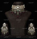 VeroniQ Trends-Traditional Multistrand Pearl Beaded Polki Choker Necklace With Ruby Pink Beads 92.5 Silver Moissanite Diamond Polki-Gold Plated-Wedding Jewellery-Punjabi Jewellery-South Indian-Thappa Jewellery