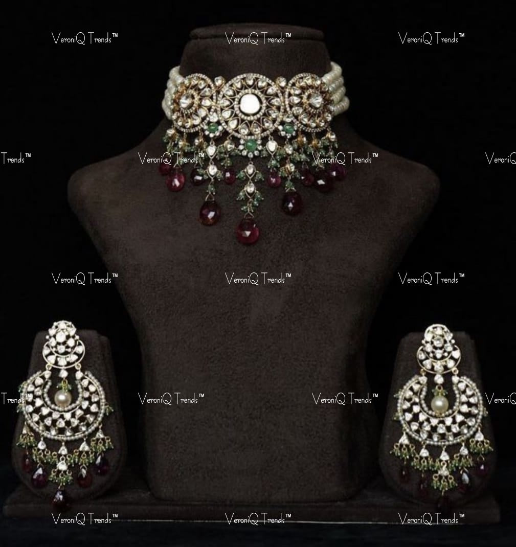VeroniQ Trends-Traditional Multistrand Pearl Beaded Polki Choker Necklace With Ruby Pink Beads 92.5 Silver Moissanite Diamond Polki-Gold Plated-Wedding Jewellery-Punjabi Jewellery-South Indian-Thappa Jewellery