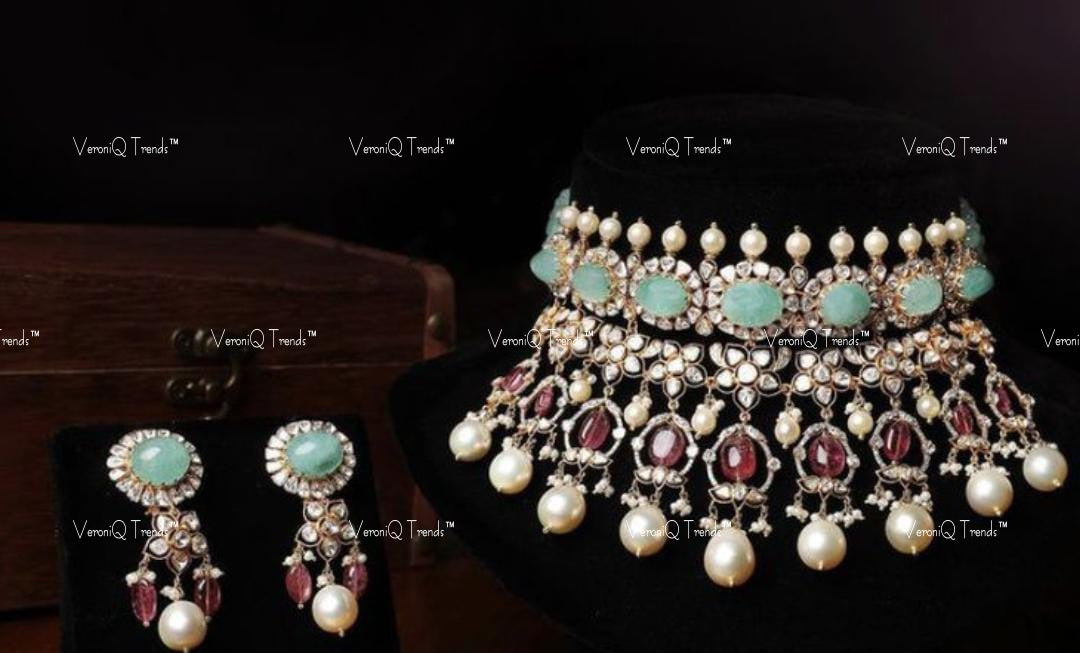 VeroniQ Trends-Beautiful Victorian Turquoise Ruby Pearl And Polki Choker Necklace 92.5 Silver Moissanite Diamond Polki-Gold Plated-Wedding Jewellery-Punjabi Jewellery-South Indian-Thappa Jewellery