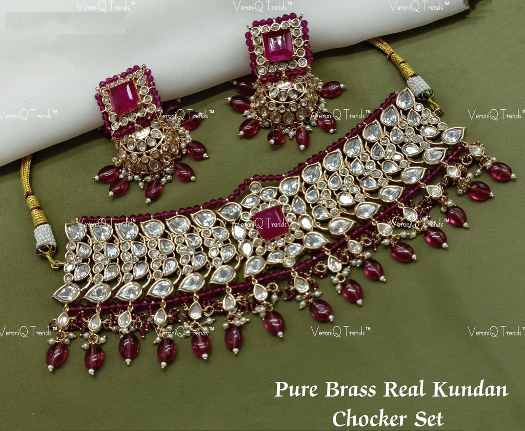 VeroniQ Trends-Elegant Gold Plated Colour Stone and Polki Choker Necklace With Beads Polki-Gold Plated-Wedding Jewellery-Punjabi Jewellery-South Indian-Thappa Jewellery