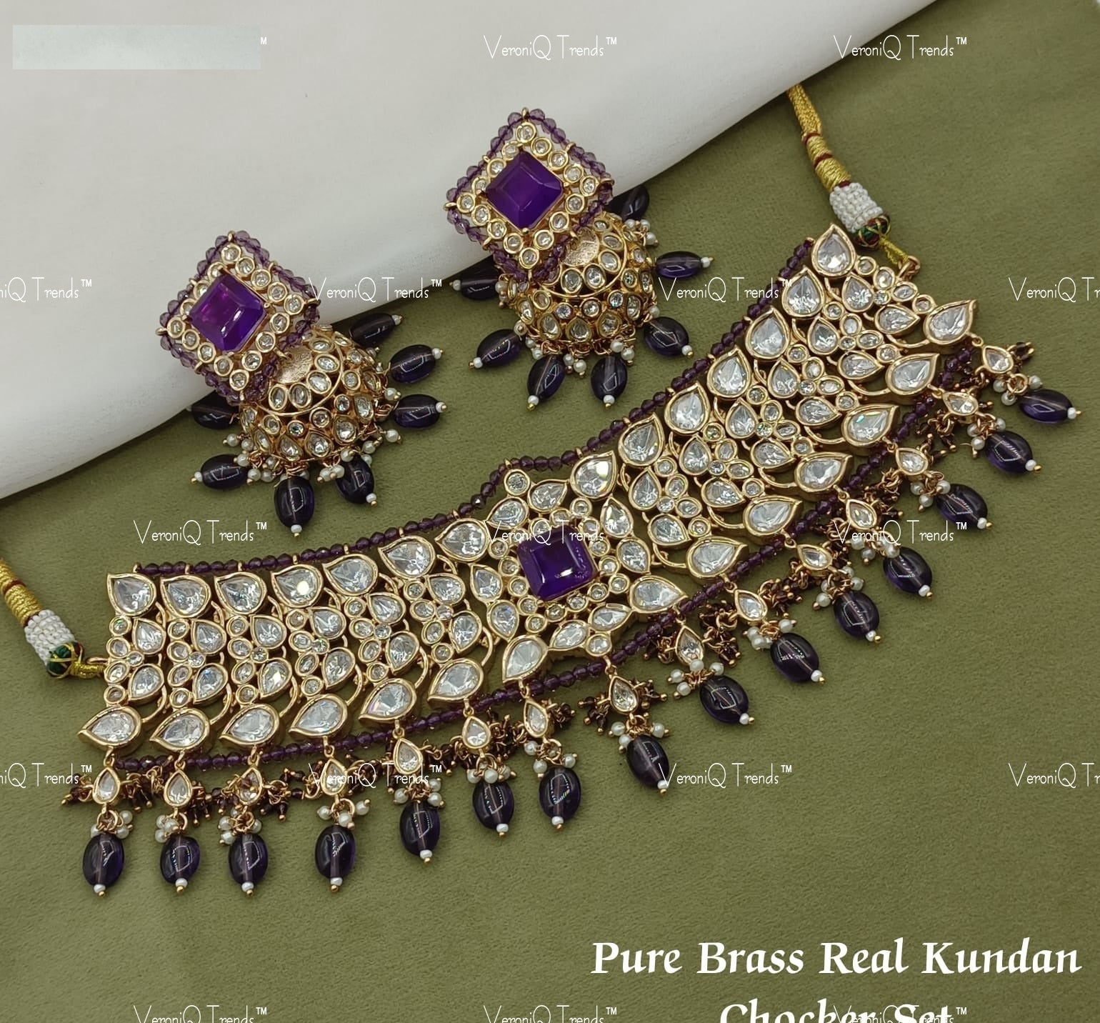 VeroniQ Trends-Elegant Gold Plated Colour Stone and Polki Choker Necklace With Beads Polki-Gold Plated-Wedding Jewellery-Punjabi Jewellery-South Indian-Thappa Jewellery