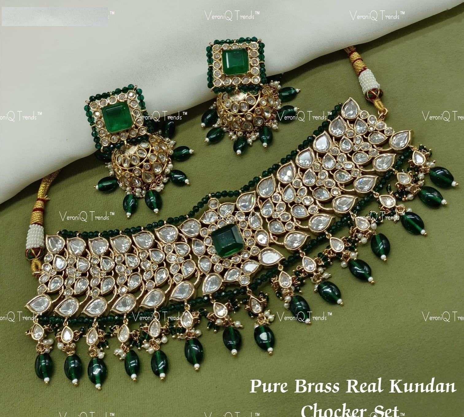 VeroniQ Trends-Elegant Gold Plated Colour Stone and Polki Choker Necklace With Beads Polki-Gold Plated-Wedding Jewellery-Punjabi Jewellery-South Indian-Thappa Jewellery