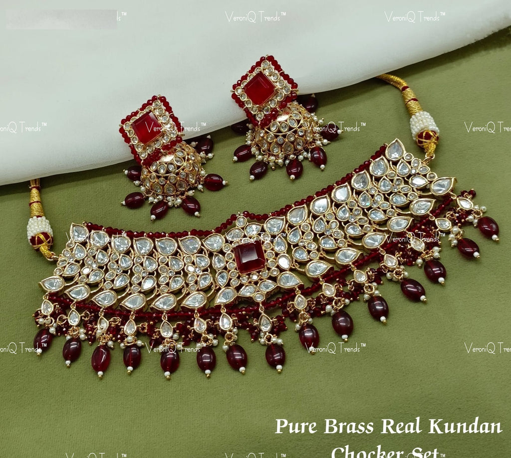 VeroniQ Trends-Elegant Gold Plated Colour Stone and Polki Choker Necklace With Beads Polki-Gold Plated-Wedding Jewellery-Punjabi Jewellery-South Indian-Thappa Jewellery