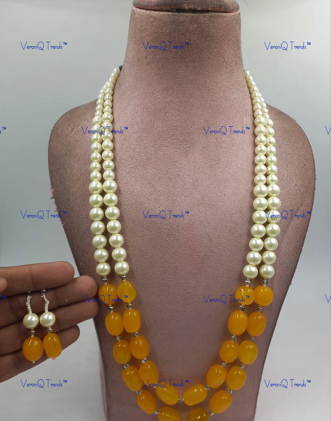 VeroniQ Trends-Beautiful Jade Beads Mala with Shell Pearl Long Necklace Kundan-Gold Plated-Wedding Jewellery-Punjabi Jewellery-South Indian-Thappa Jewellery
