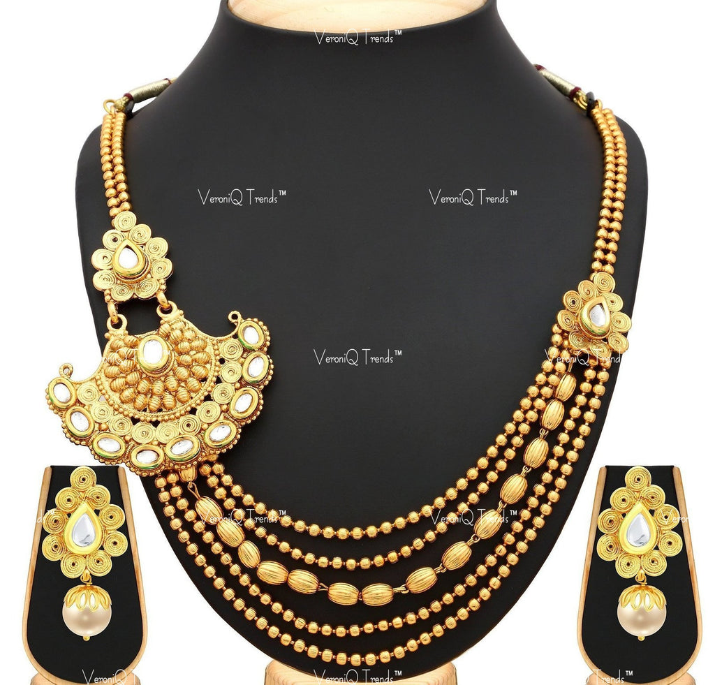 VeroniQ Trends-Traditional 5 String Gold Plated Kundan Necklace Set Kundan-Gold Plated-Wedding Jewellery-Punjabi Jewellery-South Indian-Thappa Jewellery