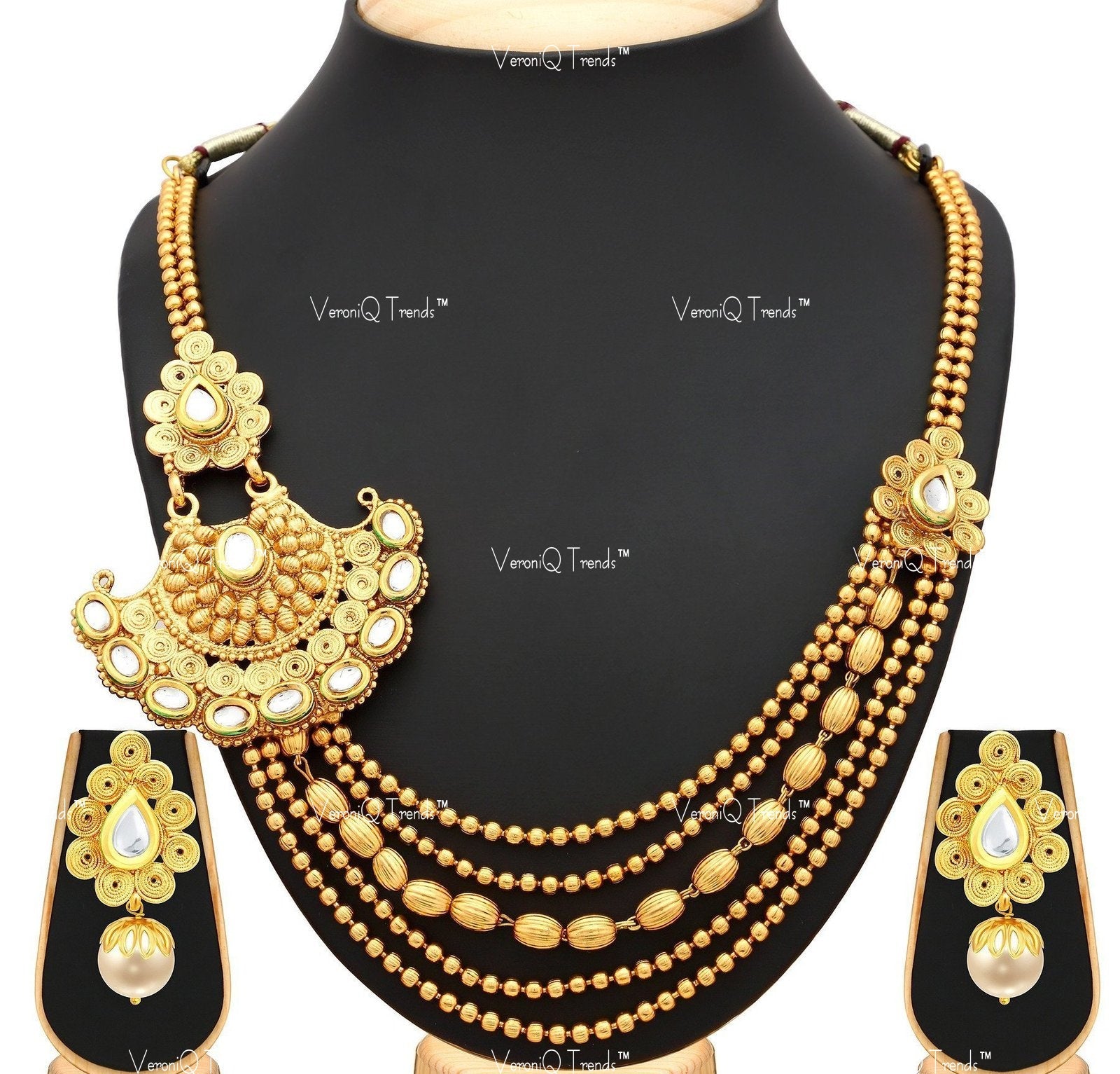 VeroniQ Trends-Traditional 5 String Gold Plated Kundan Necklace Set Kundan-Gold Plated-Wedding Jewellery-Punjabi Jewellery-South Indian-Thappa Jewellery