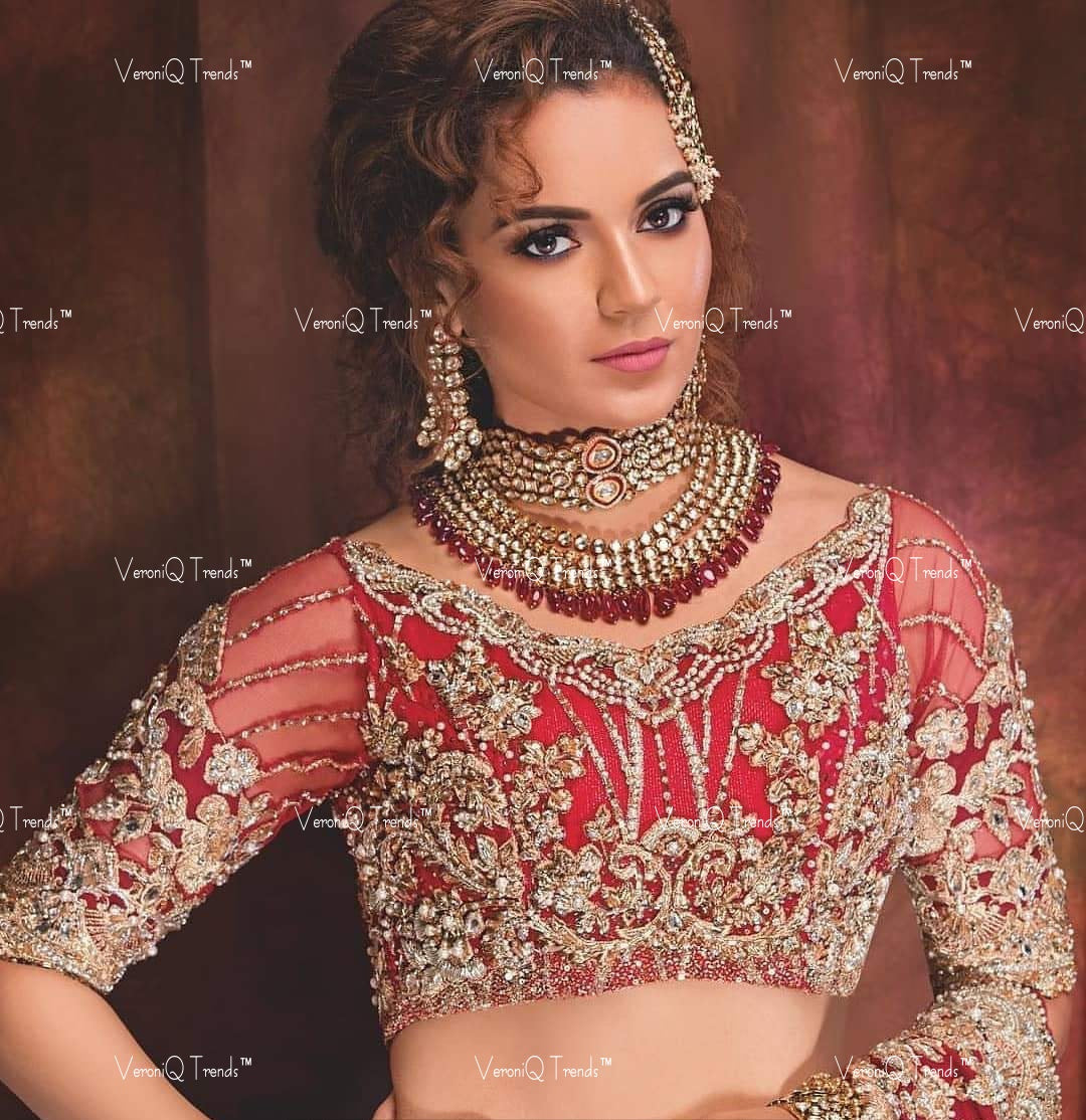 VeroniQ Trends-Traditional Bridal Gold Plated Heavy Kundan And Meenakari Choker And Long Necklace With Red Quartz Beads Kundan-Gold Plated-Wedding Jewellery-Punjabi Jewellery-South Indian-Thappa Jewellery