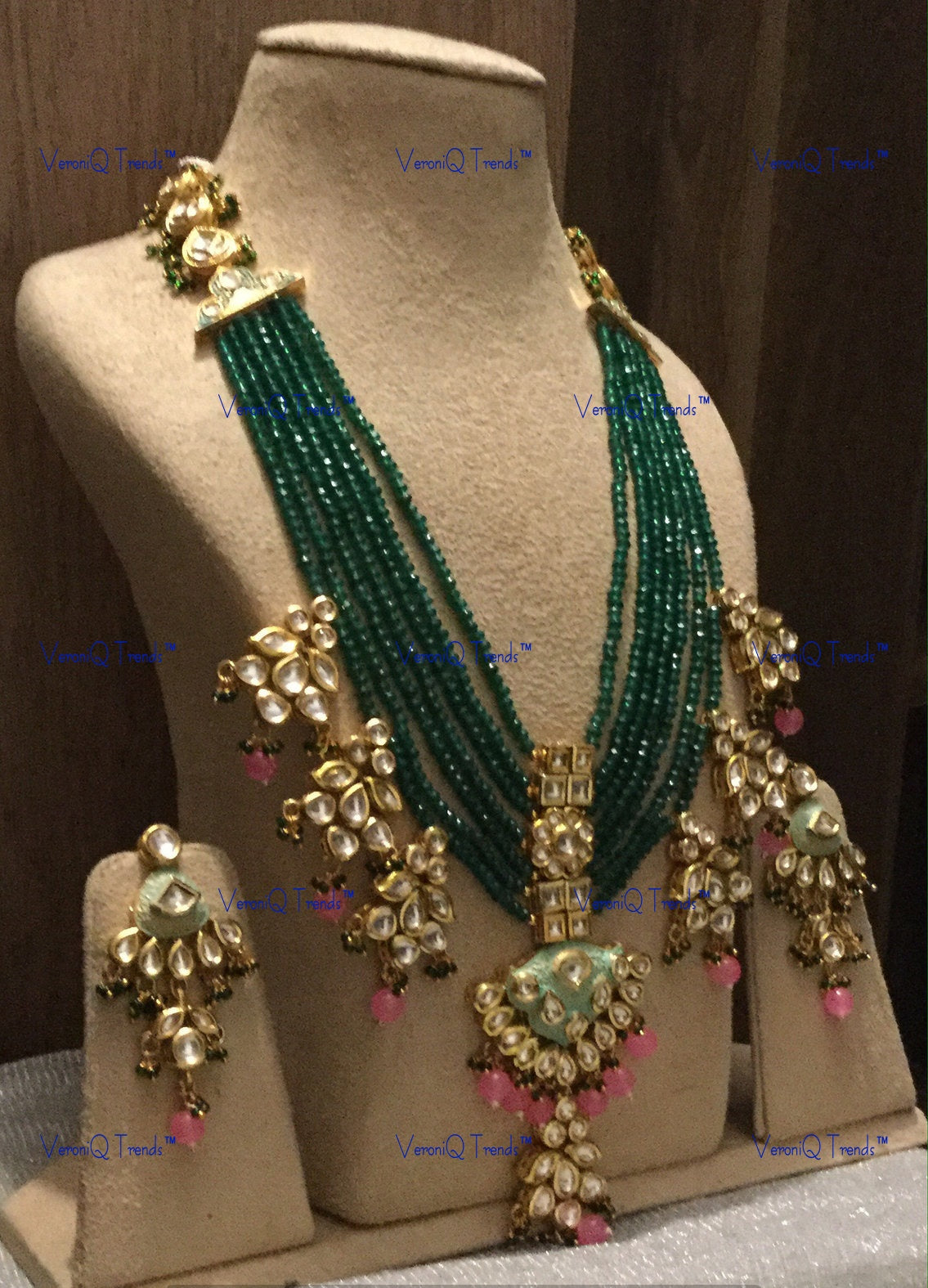 VeroniQ Trends-Designer Gold Plated Multilayer Faux Emerald Beads and Meenakari High Quality Kundan Rani Haar Necklace Kundan-Gold Plated-Wedding Jewellery-Punjabi Jewellery-South Indian-Thappa Jewellery