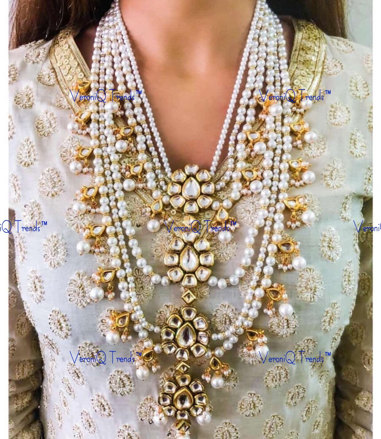 VeroniQ Trends-Traditional Bridal Gold Plated Layered Heavy Kundan And Pearl Long Necklace Kundan-Gold Plated-Wedding Jewellery-Punjabi Jewellery-South Indian-Thappa Jewellery