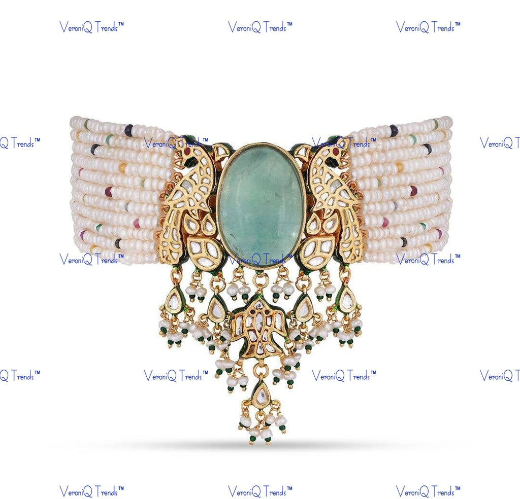 VeroniQ Trends-Designer Fluorite Stone Bikaneri Kundan Choker Necklace with Peacock Motif Bikaneri Kundan-Gold Plated-Wedding Jewellery-Punjabi Jewellery-South Indian-Thappa Jewellery