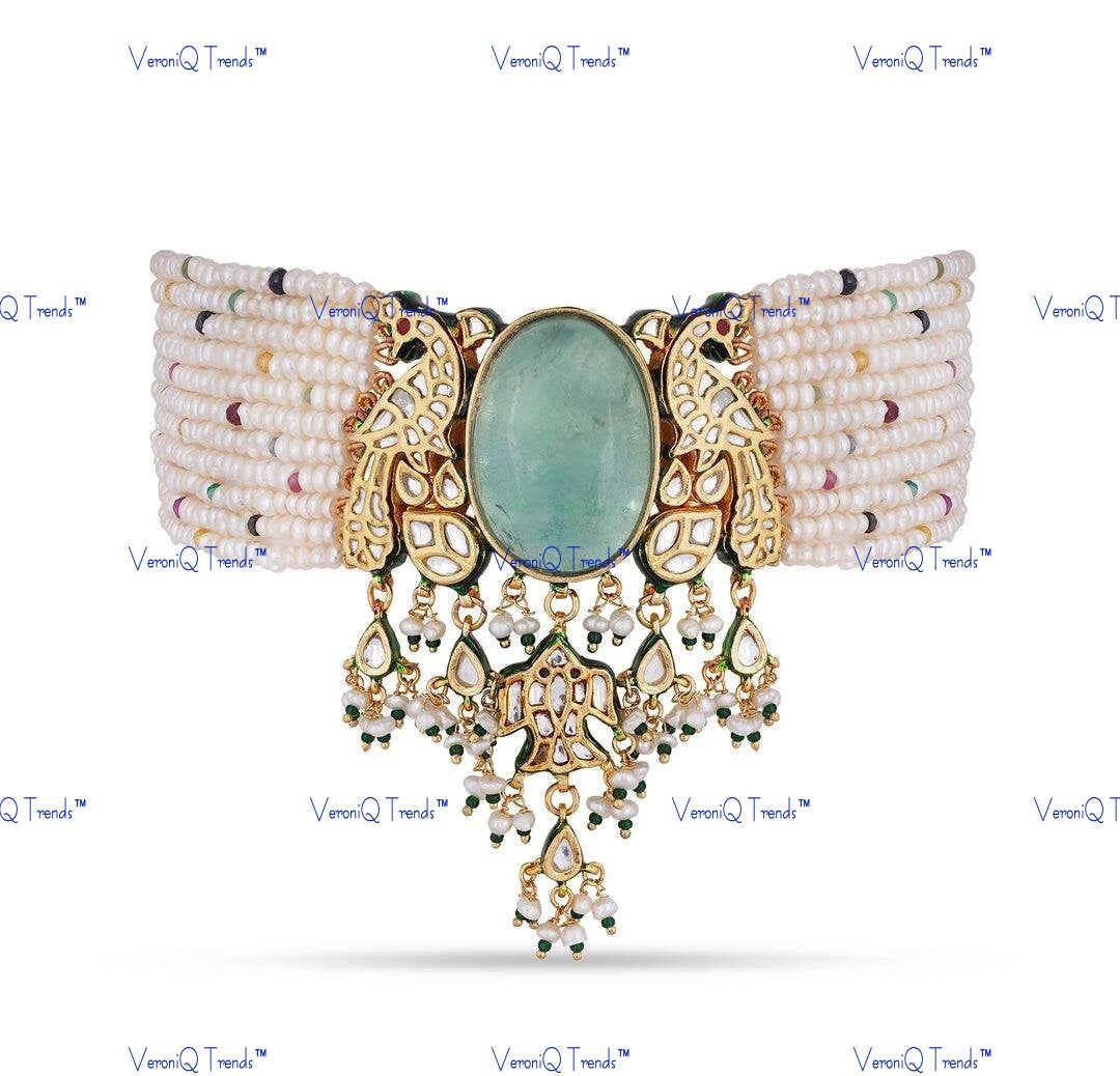 VeroniQ Trends-Designer Fluorite Stone Bikaneri Kundan Choker Necklace with Peacock Motif Bikaneri Kundan-Gold Plated-Wedding Jewellery-Punjabi Jewellery-South Indian-Thappa Jewellery