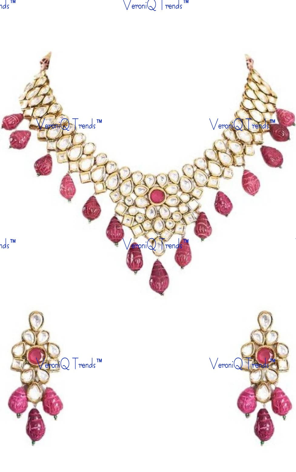 VeroniQ Trends-Beautiful Floral Gold Plated Kundan And Meenakari Choker Necklace With Red Beads Kundan-Gold Plated-Wedding Jewellery-Punjabi Jewellery-South Indian-Thappa Jewellery