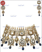 VeroniQ Trends-Traditional Gold Plated Meenakari Handmade Kundan Polki Choker Necklace With Sapphire Beads Kundan-Gold Plated-Wedding Jewelry-Punjabi Jewelry-South Indian-Thappa Jewelry