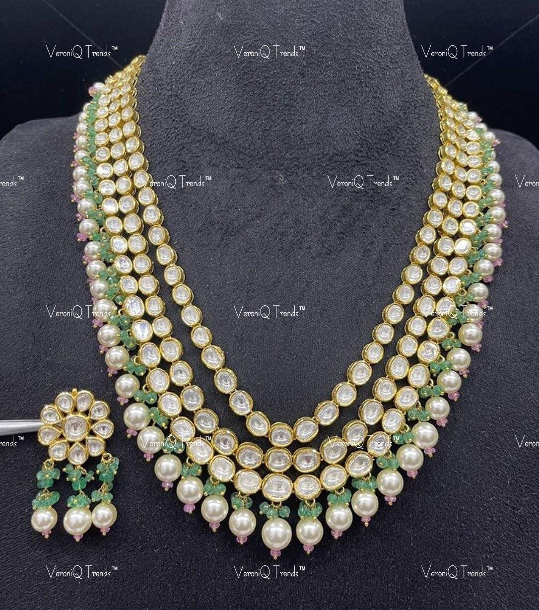 VeroniQ Trends-Beautiful Layered Gold Plated Mint Green Beads Kundan And Meenakari Long Necklace With Pearl Drops Kundan-Gold Plated-Wedding Jewellery-Punjabi Jewellery-South Indian-Thappa Jewellery