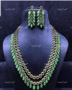 VeroniQ Trends-Beautiful Victorian Layered Gold Plated Green Polki Long Necklace With Green Quartz Beads Polki-Gold Plated-Wedding Jewelry-Punjabi Jewelry-South Indian-Thappa Jewelry